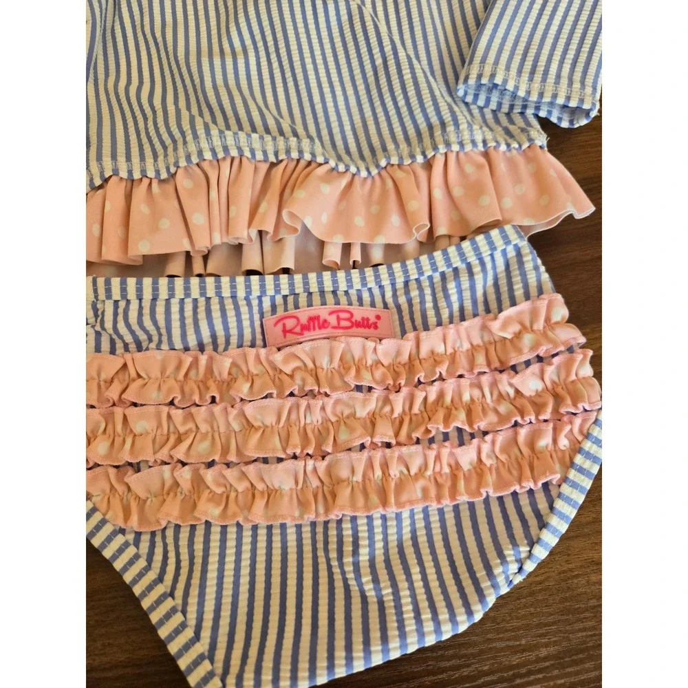 RuffleButts Girls Blue‎ Seersucker Striped Rash Guard Swimsuit Set 18-24M
